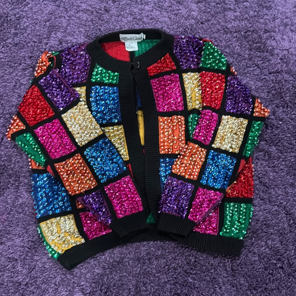 VTG Alexa Grace Sequins Cardigan. Great 80’s Color Block